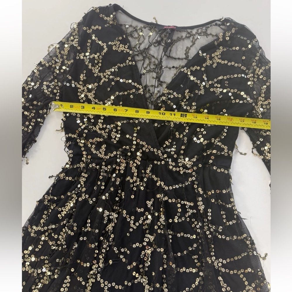 Xtaren Black with Gold Sequin V-Neck Long Sleeve Sheer romper - Picture 8 of 11